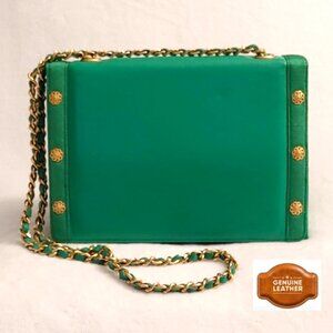 Green genuine lamb leather purse chain crossbody shoulder bag gold studs unbrand